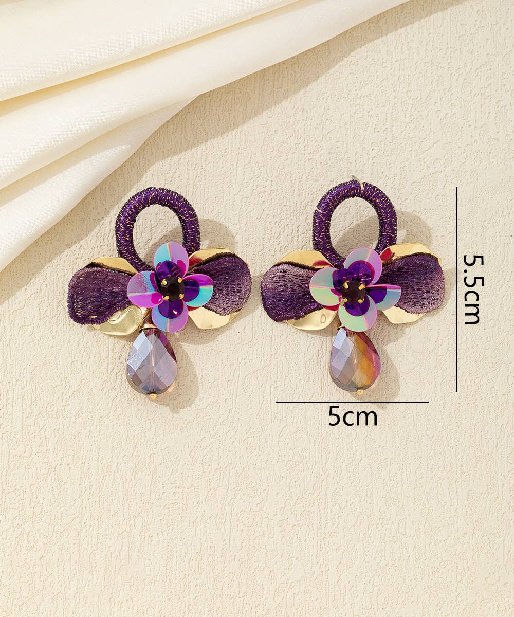 Crystal Flower Drop Stud Earrings