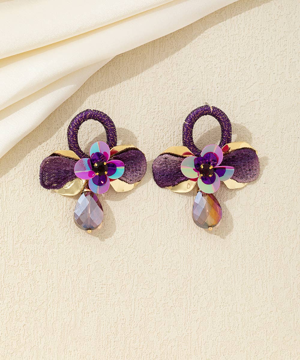 Crystal Flower Drop Stud Earrings