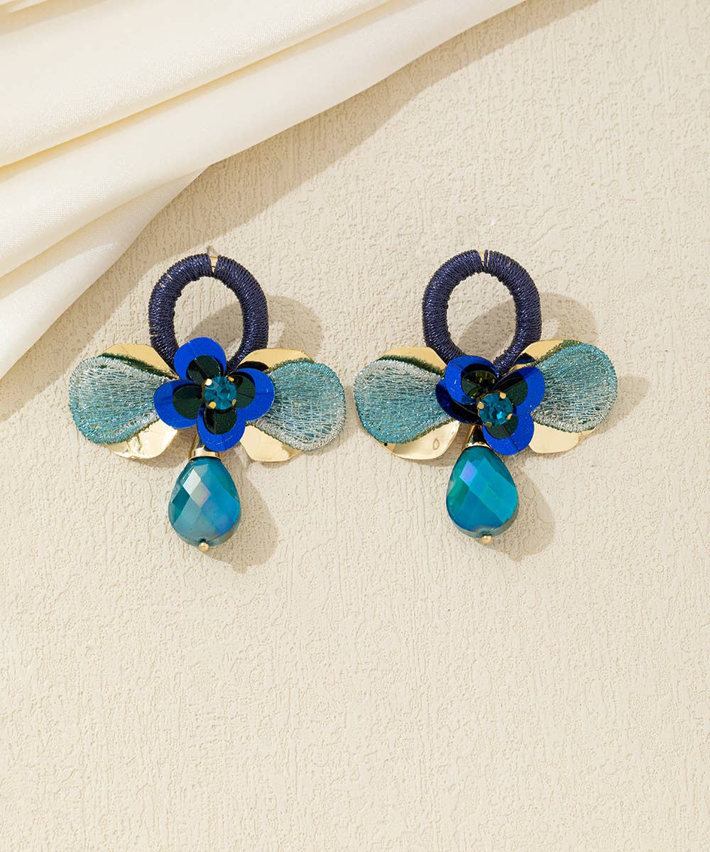 Crystal Flower Drop Stud Earrings